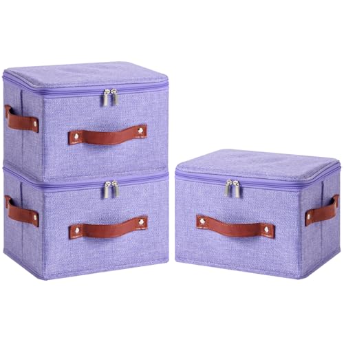 Image of 3PCS Storage Bins Boxes with Zippered Lids Cotton Linen Fabric Decorative Basket PU Leather Handles PP Plastic Board Foldable Lidded Clothing Shelf Closet Organizer Container (Purple, Small)