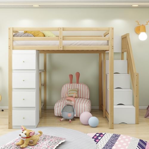 BNUZ Cama alta de 140 x 200 cm con cajón de almacenamiento, cómoda con estantes, escalera de seguridad con cajones de almacenamiento, cama multifuncional de madera maciza, cama infantil, color madera