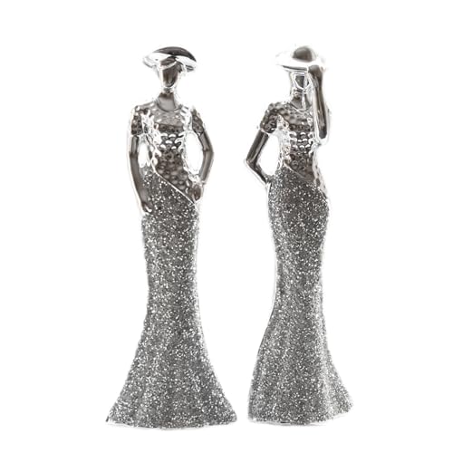 Darthome Set of 2 Elegant Lady Figures Tall 30cm Silver Ceramic Bling Statue Ornaments