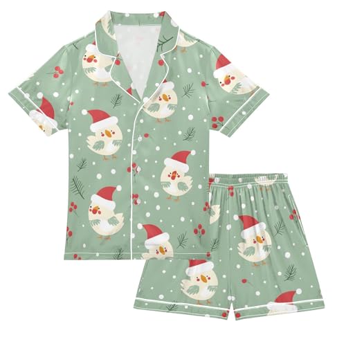 ALAZA Chicken Snow Fruit Leaf Satin Pajamas Set Short Sleeve Button Down Sleepwear Summer Pjs 2 Piece