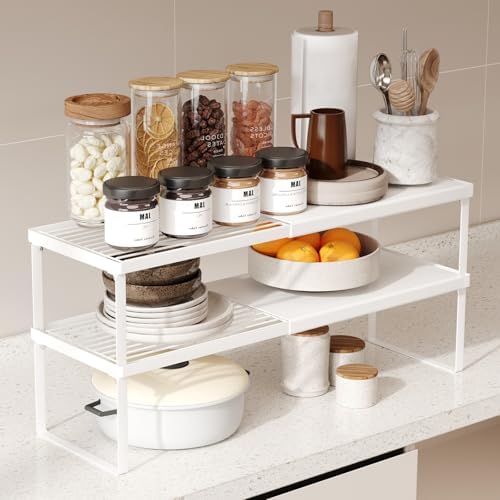 Magheo Expandable Cabinet Shelf Organizer, 2 Pack Stackable Kitch...