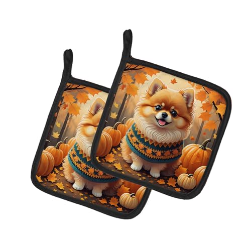 Caroline's Treasures DAC1062PTHD Pomeranian Fall Pair of Pot Holders Kitchen Heat Resistant Pot Holders Sets Oven Hot Pads for Cooking Baking BBQ, 7 1/2 x 7 1/2