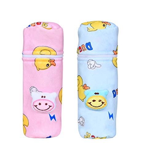 THE LITTLE LOOKERS Soft Plush Stretchable Baby Feeding Bottle Cover with Easy to Hold Strap | Cute Animated Overall Print Pack of 2 (Pink & Blue, Zip Closure 120ml-150ml/4oz,5oz)-image-33