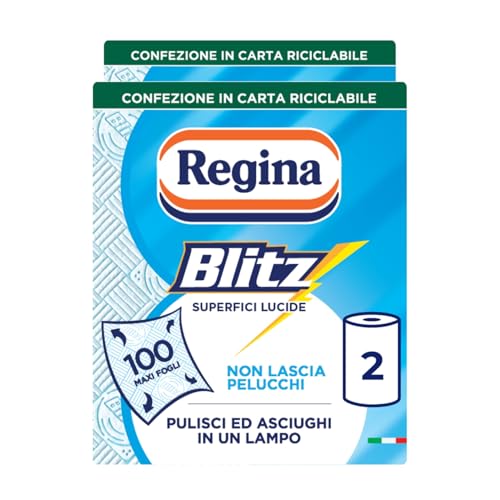 Regina Blitz - 2 Rotoli di Carta Casa, 100 Maxi Fogli a 3 Veli per Rotolo, Confezione in Carta Riciclabile, Pulisci e Asciughi in un Lampo, 100% Certificata FSC