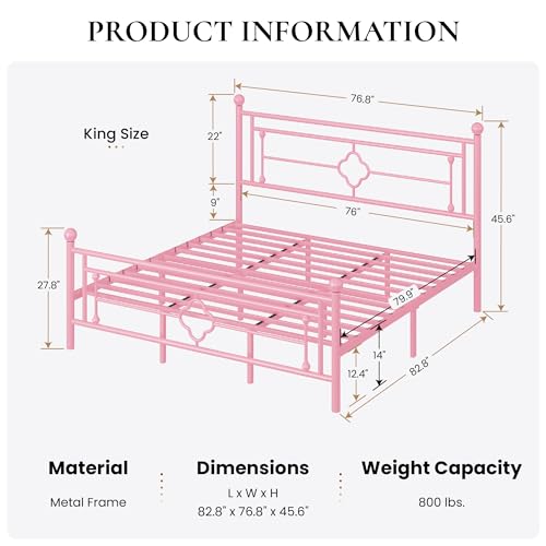 SHA CERLIN 14 Inches King Size Metal Platform Bed Frame/Vintage Iron-Art Headboard and Footboard/Mattress Foundation for Storage/No Box Spring Needed/Noise-Free/Easy Assembly/Pink