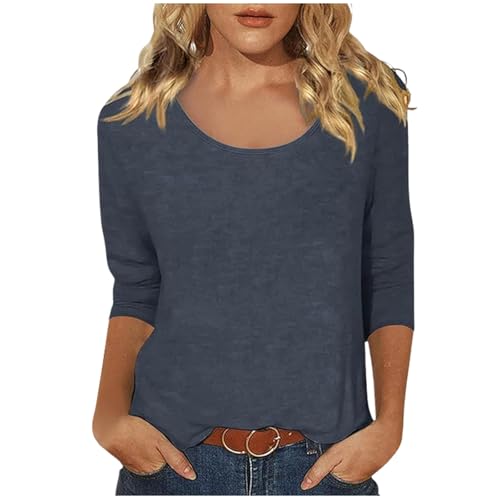 2025 - Camiseta casual para mujer con estampado liso, cuello redondo, escote profundo y mangas 3/4 Top ajustado de manga larga para mujer, marine, L