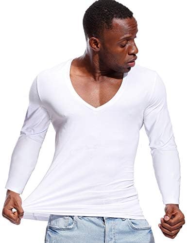 Deep V Neck Shirts Men Long Sleeve Stretch T-Shirt Low Cut Undershirts Tees
