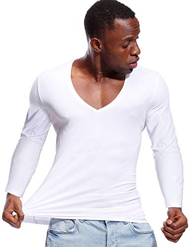 Deep V Neck Shirts Men Long Sleeve Stretch T-Shirt Low Cut Undershirts Tees3