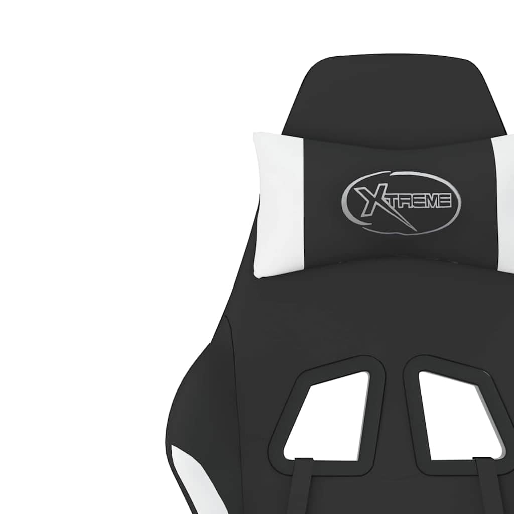 Gaming-Stuhl mit Massagefunktion und Fußstütze, Ergonomischer Bürostuhl aus Stoff, 360 Grad drehbarer Schreibtischstuhl, Höhenverstellbarer Relaxsessel Schwarz und Weiß