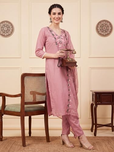 Image of INDO ERA Women's Cotton Blend Solid Straight Kurta Palazzo With Dupatta Set