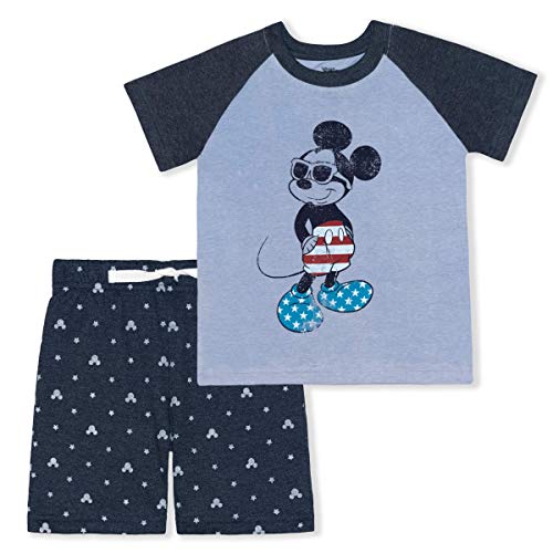 Disney Mickey Mouse Boy's 2-Piece Short Set with Raglan Shirt and Allover Print Shorts, Blue, Size 6
