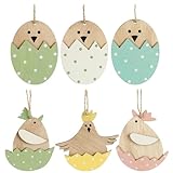 COM-FOUR® 6X Perchas Decorativas de Madera -Decoraciones de Pascua de Madera para Colgar -Motivo Huevo de Pascua y Pollo (6 Piezas - Pollito en el Huevo)