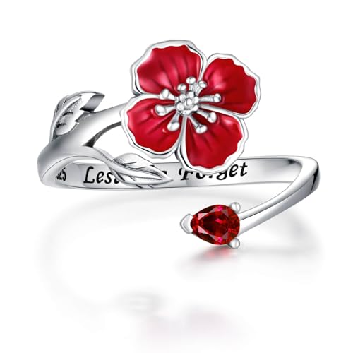 JZCOLOR Sterling Silver Red Poppy Flower Ring and Stud Earrings Veterans Day Jewelry Gift for Women Symbol of Honor Remembrance Gratitude Adjustable Open Ring (Ring-)