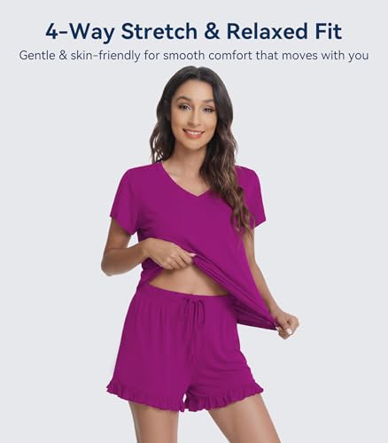 Image of WiWi Womens Pajamas Set Bamboo Viscose Super Soft Short Sleeve Top Ruffle Shorts Sleepwear Cooling Pj Sets S-XXL