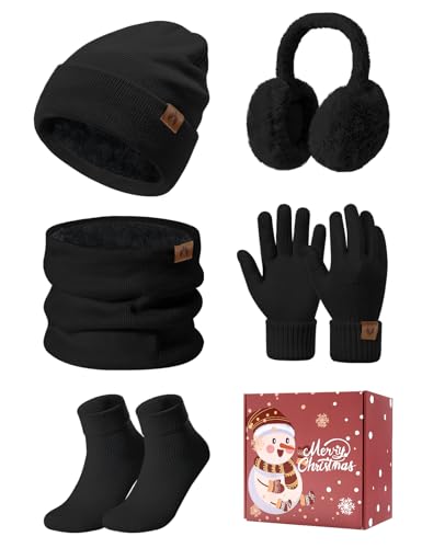 PASUDA Invierno Gorro Bufanda y Guantes Set 5 Piezas para Mujer Térmicos Gorro de Punto Calentador de Cuello Guantes de Pantalla Táctil Orejeros de Felpa Calcetines Regalos Conjunto (Negro, One Size)