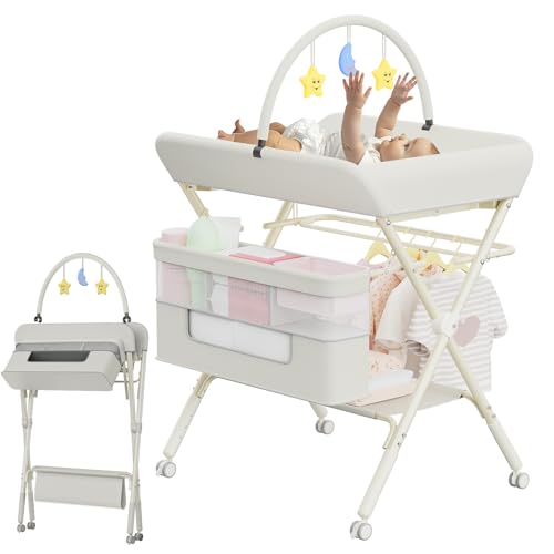 Image of Baby Changing Table, Portable Diaper Changing Table Station, Portable Foldable Changing Table for Baby, Adjustable Height Folding Changing Table with Nursery Organizer Storage Rack