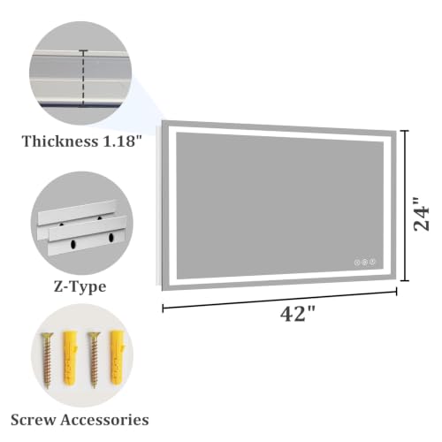 Image of Koonmi 42x24 LED Bathroom Mirror with Light, Anti-Fog, 3 Colors | Backlit + Front Lit, Dimmable Brightness, Shatterproof HD Distortion-Free Tempered Glass, Hardware Included