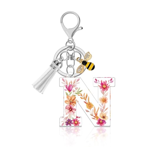 Lukiisoo Letter Keychains, Acrylic Initial Keychain for Women, Cute Alphabet Tassel Bee Key Chains, Girl's Keyrings Gifts, Backpack Purse Charms(Letter N)