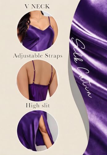 Image of ALCEA ROSEA Women's Long Satin Slip Dress Nightgowns Sexy Lingerie Adjustable Strap Midi Dress Silky Gown V Neck Under Dress