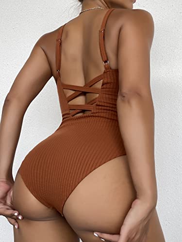 Floerns Women's One Piece Swimsuit V Neck Criss Cross Back Monokini Swimwear Rust Brown L #TOP2