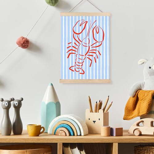 Image of PQKIY Trendy Red Lobster Coastal Wall Art Poster Hanger Frame 12x16 in, Summer Nautical Beach Seafood Blue Striped Wall Decor Canvas Prints for Home Kitchen Dining Room