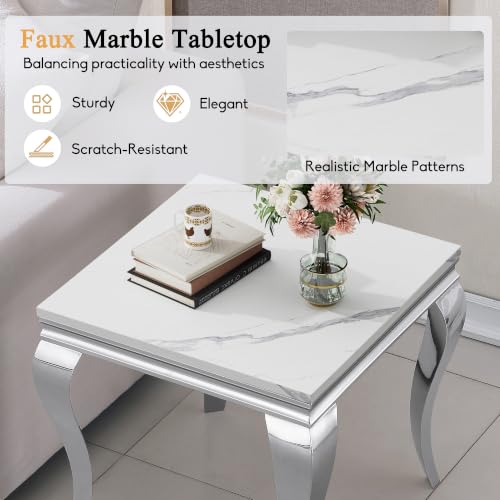 Image of Luxury Marble Side Table, Square End Table with Faux Marble Tabletop & Silver Stainless Steel S Legs, Modern Sofa Side Table for Living Room, Bedroom, Home Decor