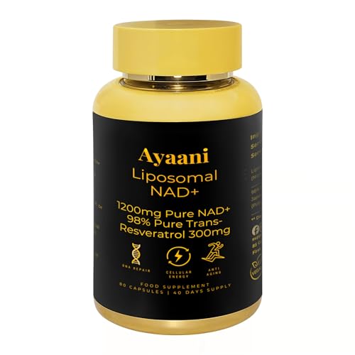 Ayaani Liposomal NAD+ & Trans-Resveratrol Complex 1500mg – High Absorption Longevity & Cellular Energy Supplement – Healthy Ageing, Anti-Ageing Support – 80 Vegan Capsules