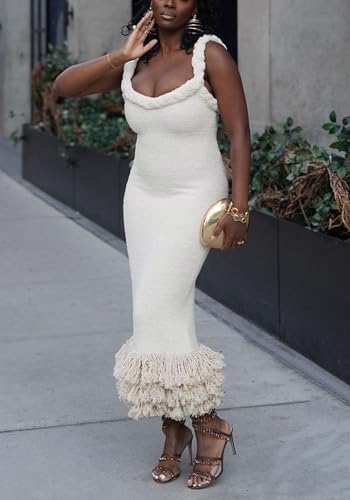 LAJIOJIO Women's Fringe Hem Sleeveless Package Hip Dresses Backless Bodycon Party Long Pencil Dress3