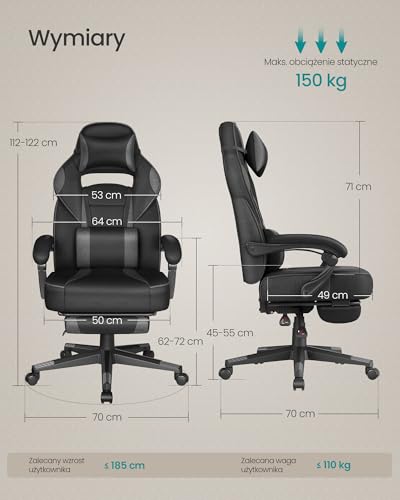 SONGMICS Fotel gamingowy, fotel biurowy z podnóżkiem, fotel biurowy z zagłówkiem i podparciem lędźwiowym, regulowana wysokość, ergonomiczny, nośność do 150 kg, kolor atramentowo-szary OBG073BH20