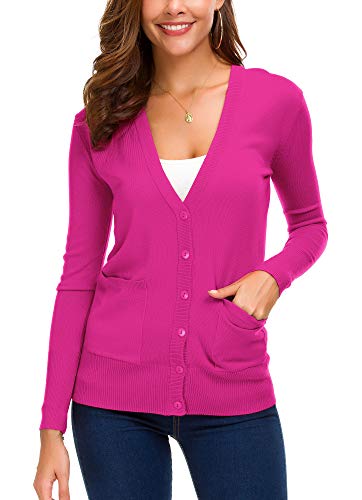 EXCHIC Women's Lightweight Long Sleeve Cardigan Sweaters Classic Button Open Front Knit Sweater with Pockets(Rose, XX-Large) - Thumbnail 2