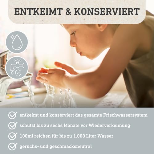 awiwa® Silver Wasseraufbereiter Trinkwasser 100 ml entkeimt & konserviert das Frischwassersystem im Wohnmobil und Boot - mit Silberionen für bis zu 1.000 l Wasserkonservierer (inkl. Dosierbecher)
