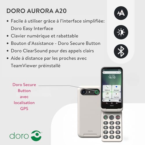 Doro - Smartphone à Clapet Aurora A20 - Téléphone Portable Senior - Facile à Utiliser - Touche d'Assistance avec Localisation GPS - Compatible Appareils Auditifs - Câble USB Inclus - Blanc