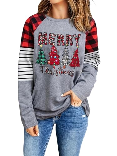 Merry Christmas Shirt for Women Leopard Plaid Christmas Tree Long Sleeve Holiday Tee Tops (Red XL)