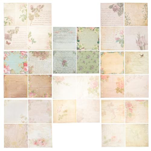 FIXOSHEE Papel para Álbum de Fotos Vintage Tamaño Grande, 32 Hojas Scrapbooking Elementos de Flores y Plantas, Papel Decorativo para Manualidades y Cuadernos Creativos