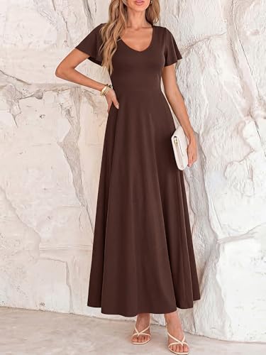 BTFBM Formal Dresses for Women Summer Outfits V Neck Ruffle Sleeve A Line Maxi Elegant Cocktail Wedding Guest Dress 2026(Brown, XX-Large) — view 2