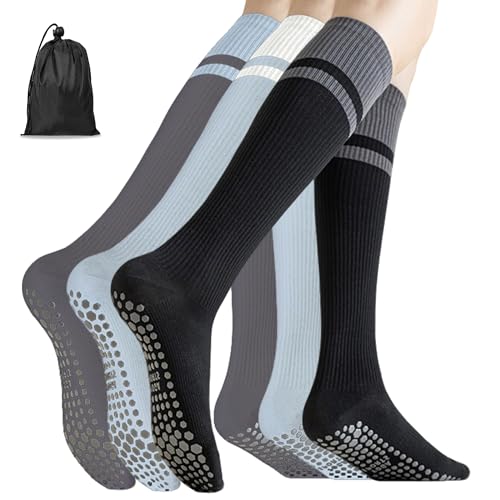 Yoga Pilates Socks with Grips for Women Compression Non Slip Cushioned Knee High Socks for Barre Ballet Dance