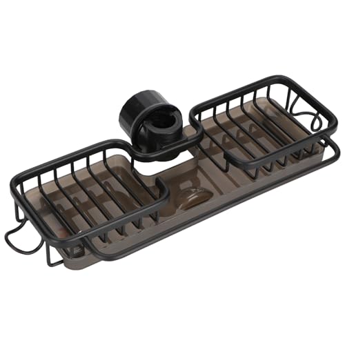 Reelyo スポンジホルダー スポンジラック たわしホルダー 防錆 水切り フック/バー付き 洗剤置き キッチン/シンク/洗面台に 収納 (ブラック, 水受けトレイ付き)