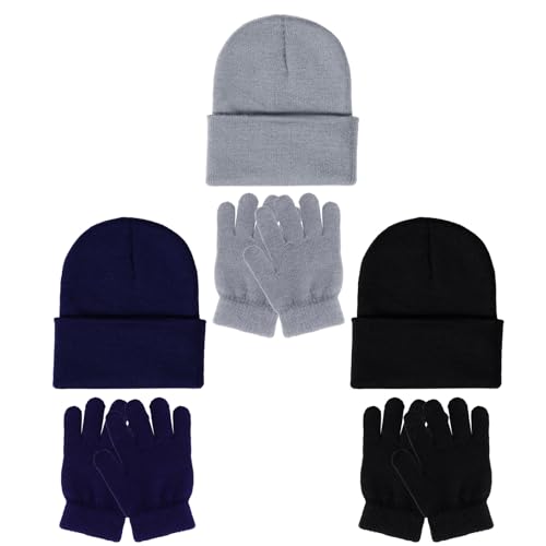 6 Pack Kids Winter Beanies Hats and Gloves Set for Boys Girls, Warm Knitted Skull Caps and Stretchy Full Fingers Gloves (Black, Navy Blue, Light Gray)
