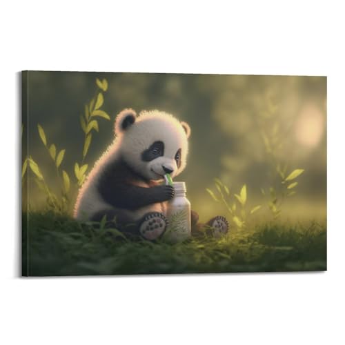 Panda buvant du lait poster sur toile 50x75 cm pour decoration murale
