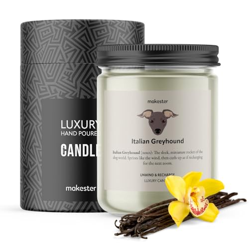 Italian Greyhound Gifts - Luxury Soy Wax Candle - Vanilla, Jasmine, Sugared Almond - Makester, White, 220g