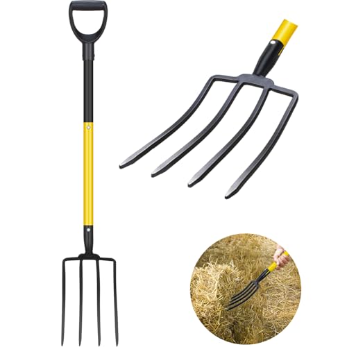 DMHMXZ Pitchfork, Steel Tines, Manual Hay Fork, Pitchforks for Gardening Digging Composting Spading,4Tines Garden Fork witn Fiberglass Handle,46Inches (Black)