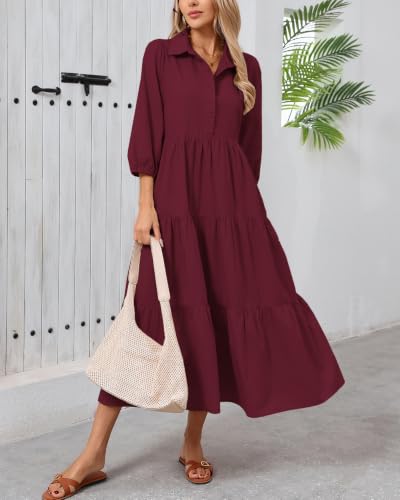 Image of Women Button Down Maxi Shirt Dress Long Sleeve Flowy Tiered Collared Dresses with Pockets