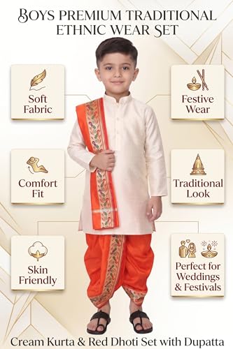Image of Boys Dhoti Kurta Set Sherwani Style for Kids | Ethnic Traditional Kids Wear with Patiala Dhoti & Dupatta | Wedding Dress for Boys | Indian Cultural Outfit for Puja Festival Party
