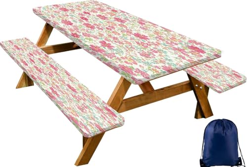 CAPSCEOLL Fitted Picnic Table Cover with Bench Covers 5ft - Pink Flowers