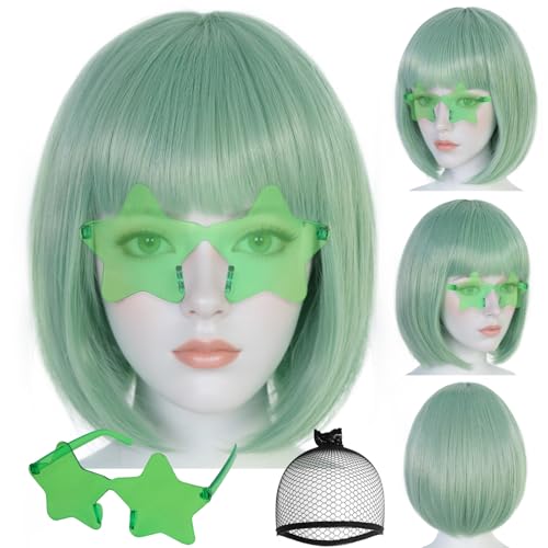 Image of ANOGOL Mint Green Bob Wig with Bangs Green Wigs for Women Colored Wigs | Hair Cap+ Sunglasses Short Neon Wig for Bachelorette Party Funny Outfit for Women Halloween Christmas Costume St Patrick Day