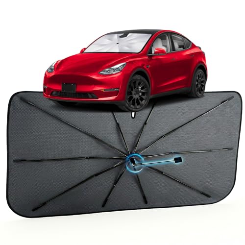 Image of Car Windshield Sun Shade for Tesla Model Y 2020-2026 -[Reflective Coated Fabric] Sunshade Umbrella for Front Window, Car Shades Sun Visor Keep Car Cool and Protects Interior, 1:1 Exact Fit