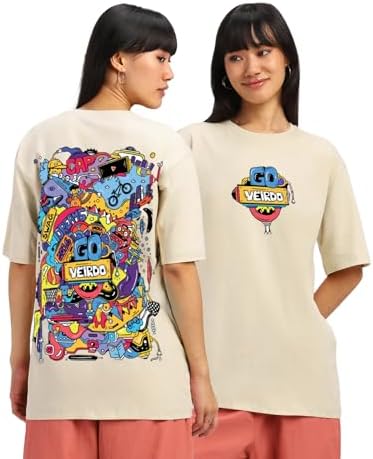Veirdo® Pure Cotton Round Neck Oversized Baggy Fit Latest Stylish Front & Back Graphic Printed Half Sleeve Boyfriend T-Shirt for Women (Color Options- Black, Orange, Royal Blue & Lilac)