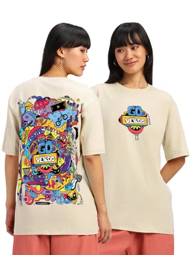 Image of Veirdo Pure Cotton Round Neck Oversized Baggy Fit Stylish Front & Back Graphic Printed Half Sleeve Boyfriend T-Shirt for Women (Color Options- Black, Orange, Royal Blue & Lilac)
