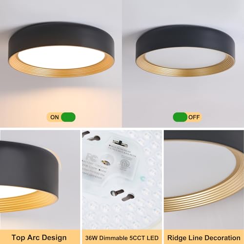 Badiegh Dimmable 15.75 Inch LED Flush Mount Ceiling Light,Modern Black and Gold Lighting Fixture,Round 36W 3000K-6500K 5CCT Ceiling Lamp for Bedroom,Hallway,Living Room by Badiegh - Used condition - Image 6