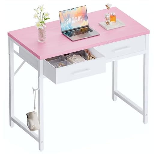 PAMRAY 80x40cm Escritorio pequeño con 2 cajones, Ideal para Dormitorio, Estudio, Escritura, hogar y Oficina, Espacios pequeños, Rosa